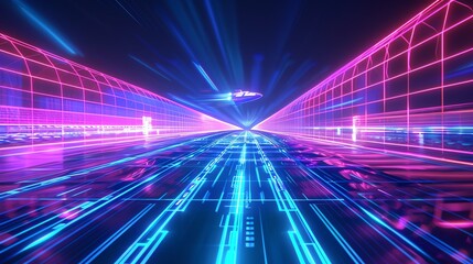 A futuristic, digital highway with a spaceship flying over it, with glowing pink and blue neon lights.