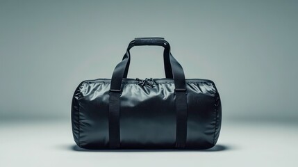 Black cylindrical duffel bag isolated on grey background.
