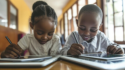 two african children using tablets in digital learning education with stylus technology for classroom skills development and access to interactive tools and educational apps