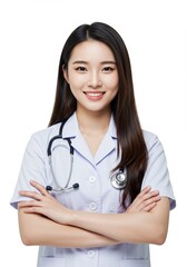Photo of young asian woman folding hands . a confident doctor with a happy face. plain white background . Ai generative 
