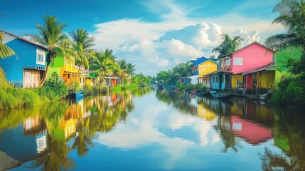 Fototapeta premium Vibrant Waterfront Houses, Tropical Canal Reflection