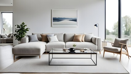 Modern minimalist living room with light grey sectional sofa, glass coffee table, and armchair, featuring a serene landscape print and large windows.