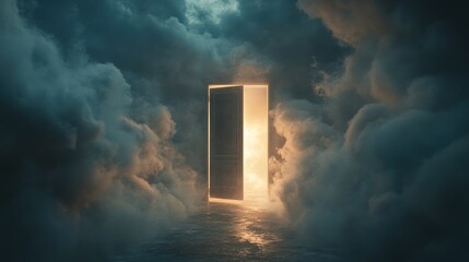 A glowing door emerges from swirling clouds, symbolizing opportunity and mystery.