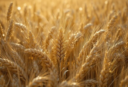 A close-up view of a field of golden wheat, ripe and ready for harvest during the golden hour of sunset.