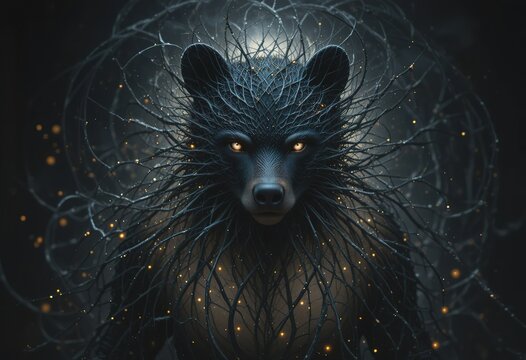 A digital painting depicts a mystical bear-like creature, its body formed from dark, glowing twigs, embodying a powerful forest spirit.