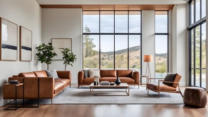Modern living room interior with brown leather sofas and armchair, coffee table, and floor lamp, showcasing a stunning view through large windows.