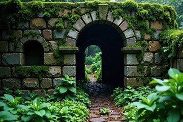 Dark stone walls covered with moss and lichen, earthy, spiritual, green