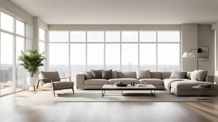 Fototapeta premium Modern, light beige sectional sofa and armchair in a spacious, minimalist living room with floor-to-ceiling windows offering a panoramic city view.