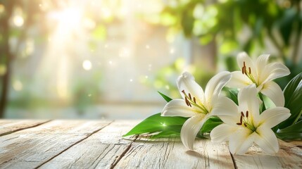 delicate white Easter lily in full bloom, resting on a wooden table with soft sunlight streaming through a window