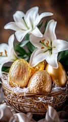 luxurious Easter basket featuring gold-wrapped chocolate eggs, satin ribbons, and white lilies