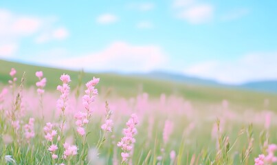 Fototapeta premium a field of wild pink dense flowers, thast goes up hill one side, Generative AI