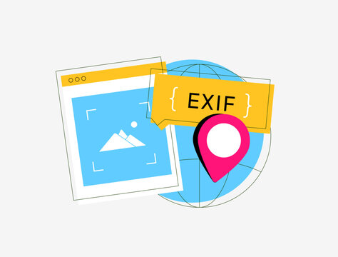 Illustration that represents the concept of EXIF data, featuring a digital photo frame and a globe with location markers, highlighting photography exif technical aspects and global reach