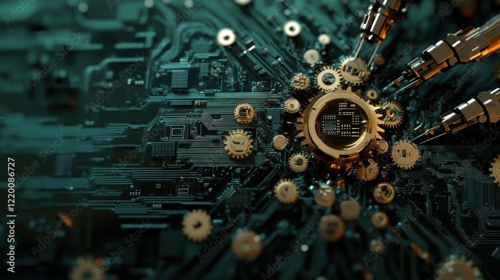 Poster Intricate Circuitry with Gears and Processors Reflecting the Fusion of Mechanical Innovation and Digital Technology in a Futuristic Design Landscape