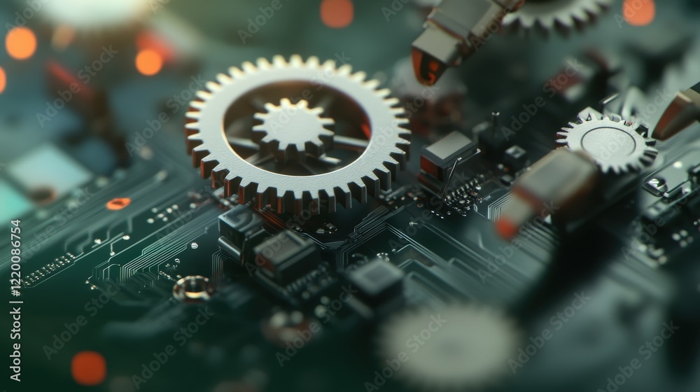 Aufkleber Close-up of metallic gears on a circuit board, showcasing the intricate relationship between technology and engineering, with vibrant details and a futuristic ambiance.