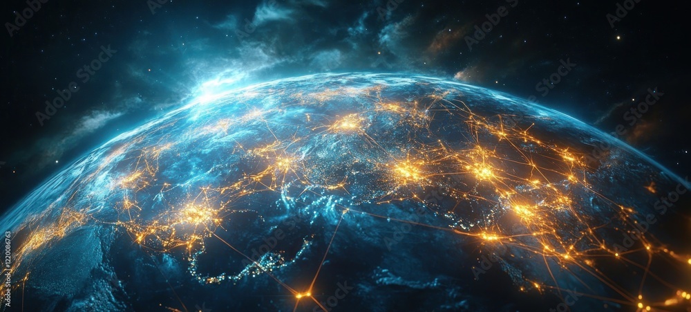 Aufkleber earth from space in cyberpunk style neon colors global network connectivity for future technology an