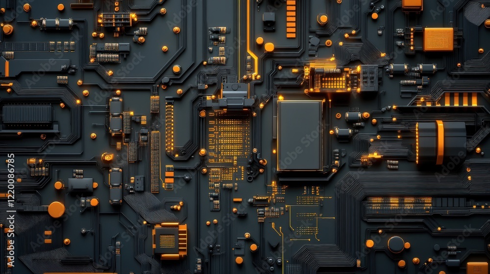 Poster Abstract Close-up of a Modern Circuit Board Design Featuring Intricate Patterns and Vibrant Orange Elements on a Dark Background for Technology-Themed Projects