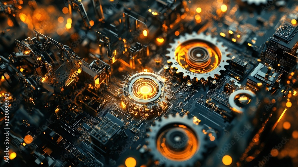 Aufkleber intricate overview of a futuristic circuit board featuring gleaming gears and radiant lights, symbol