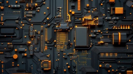 Fototapeta premium Abstract Close-up of a Modern Circuit Board Design Featuring Intricate Patterns and Vibrant Orange Elements on a Dark Background for Technology-Themed Projects