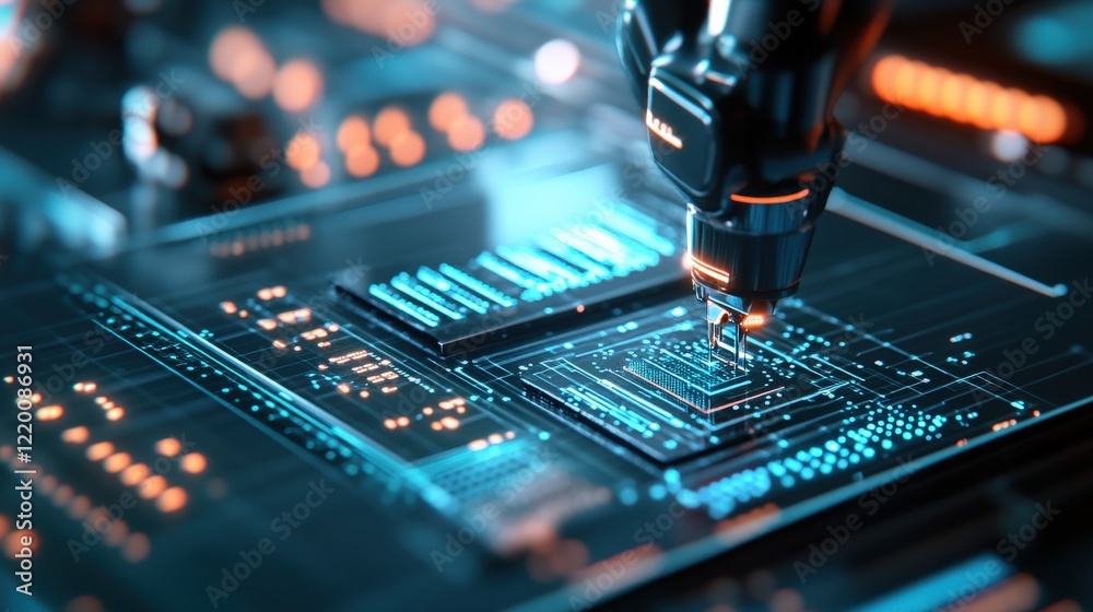 Poster futuristic robotic arm engaging with digital circuitry in a high-tech environment, showcasing advanc