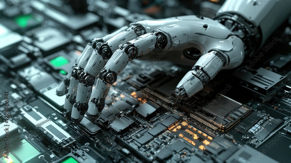 Poster Futuristic Robotic Hand Exploring Circuit Board Technology with Microchips and Electronic Components in High-Resolution Detail