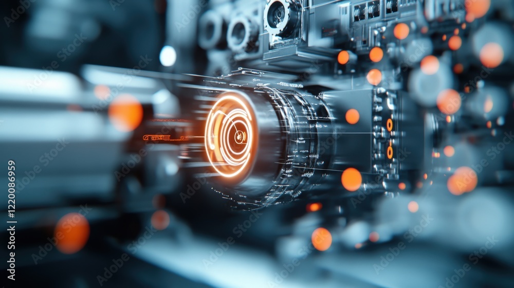 Aufkleber Futuristic Abstract Technology Background Featuring Circular Element with Glowing Orange Effects and Circuit Board Texture, Perfect for Digital Art, Science, and Innovation Themes