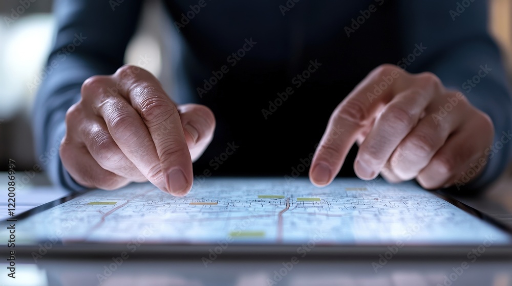 Poster Hands Interacting with a Digital Map on a Tablet Screen, Showcasing Navigation and Location Technology for Travel and Exploration Activities