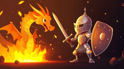 Naklejka premium A cartoon of a boy in a knight's outfit standing in front of a dragon