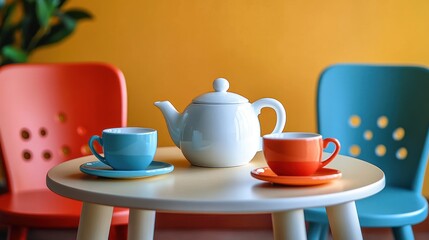 Fototapeta premium Imaginative Tea Party at Home with Toy Cups Fun Playful Childhood Game Indoor Fantasy for Kids