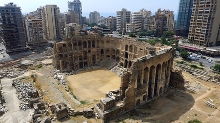 Obraz premium Aerial view of Roman theatre amidst Beirut's modern city