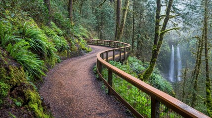 Obraz premium Serene Forest Trail with Waterfall View: A Misty Pacific Northwest Paradise