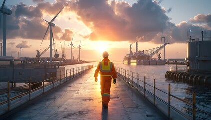A worker walks toward a bright sunset at an offshore energy facility. Wind turbines and industrial structures are visible in the background.