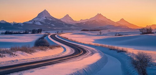 Fototapeta premium A quiet winter highway winding through a snow-covered landscape with majestic mountains in the background. 