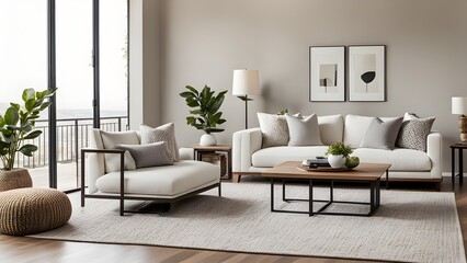 Modern living room interior featuring a white sofa, armchair, coffee table, and area rug, complemented by neutral tones and minimalist decor against a beige wall.