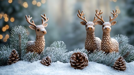 Snowy pine branches and wooden reindeer figures. A winter background for Christmas cards and banners.
