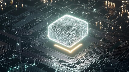 A computer chip is shown in a black background with a yellow outline