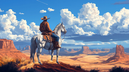 Cowboy on White Horse Overlooking Monument Valley Desert Under Blue Sky