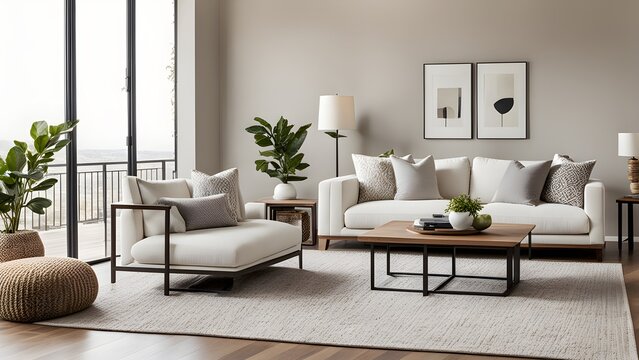 Modern living room interior featuring a white sofa, armchair, coffee table, and area rug, complemented by neutral tones and minimalist decor against a beige wall.