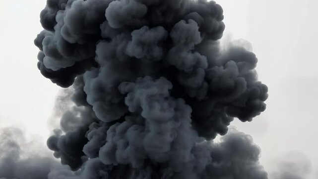 Dramatic eruption of dark smoke rising against a cloudy sky in a striking display of nature's power and unpredictability. Generative AI