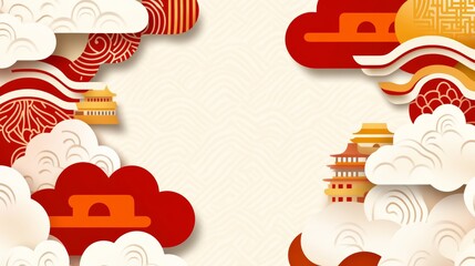Chinese New Year Festive Papercut Design with Temples and Clouds