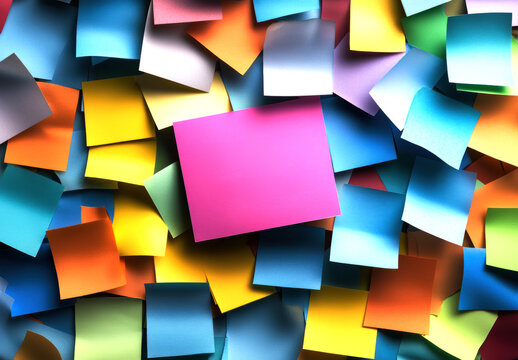 A vibrant collection of sticky notes in various colors, with a standout pink note in the center.