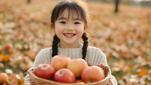 close up portrait little caucasian gird holding A basket full of apples in an apple orchard, Generative AI - Powered by Adobe