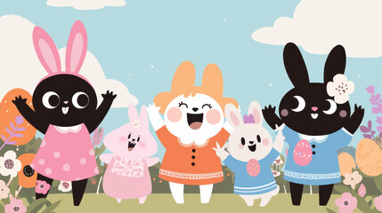 Naklejka premium Cute cartoon rabbits celebrating in vibrant garden with flowers