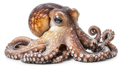 high-resolution image focusing on details of a common brown octopus with isolated tentacles and visible eye against white background