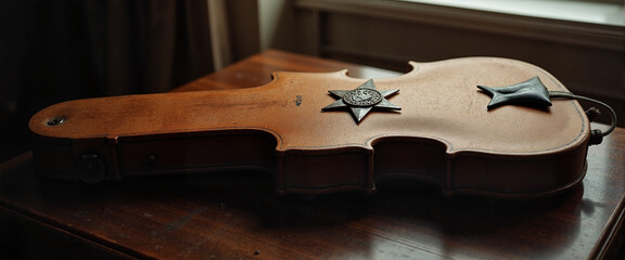 Closed violin case with star emblem in soft natural light, cultural remembrance