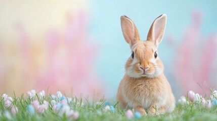 Fototapeta premium A delightful bunny sits calmly on a soft green lawn, surrounded by colorful eggs, with pink blossoms creating a whimsical backdrop, capturing the essence of spring's joy and renewal.
