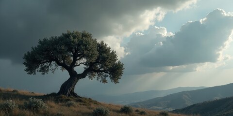 Obraz premium Solitary Tree on a Hillside Under a Dramatic Sky