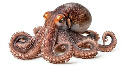"exploring the anatomy and texture of a common octopus in seafood photography: close-up of octopus vulgaris tentacles, mantle, eye, and skin on a white background"