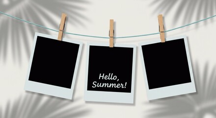 The concept of summer holidays and holidays. Fast photo printing with a greeting on clothespins on a white background in the shade of palm trees