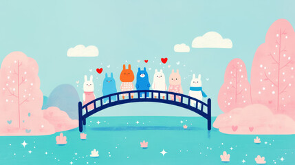 colorful cartoon scene featuring cute animals on bridge surrounded by hearts