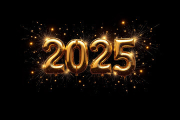 Golden balloons 2025 New Year with sparks on black background. Luxury Happy New Year 2025 card.
